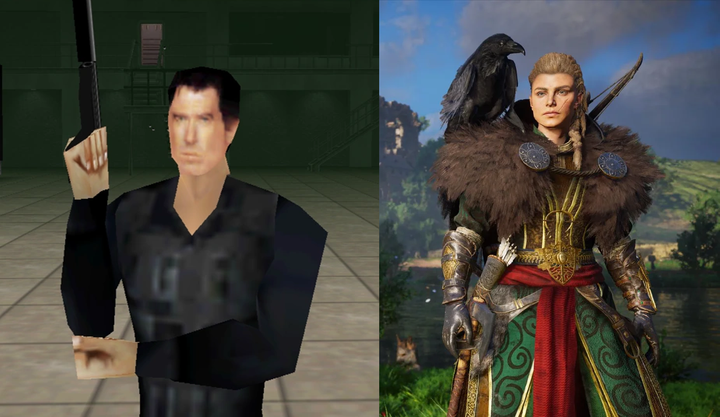 In-game character model comparison between Goldeneye (1997) and Assassin's Creed Valhalla (2020)